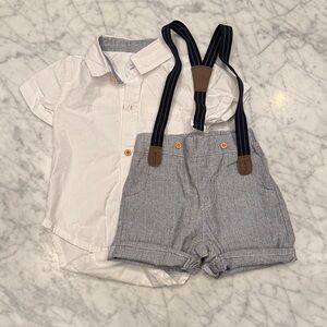 Kids White Button-Up Shirt with Gray Shorts and Navy Suspenders